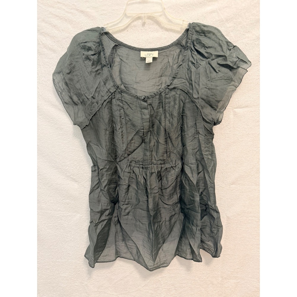 Ann Taylor LOFT Gray Crinkle Sheer Flutter Sleeve Blouse Top Large
